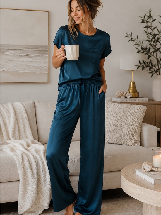 Ekouaer Other - Ekouaer Silky Satin Feel Pajama Lounge Set Teal Blue Size Large Luxury